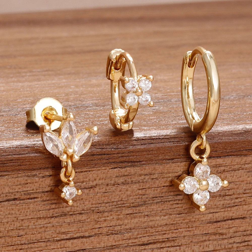 3PCS Stainless Steel Zircon Flower Hoop Earrings Gold Plated Huggies