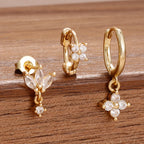 3PCS Stainless Steel Zircon Flower Hoop Earrings Gold Plated Huggies