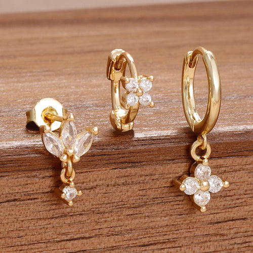 3PCS Stainless Steel Zircon Flower Hoop Earrings Gold Plated Huggies