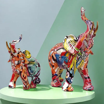 Graffiti Elephant Sculpture Resin Animal Statue Modern Pop Street Art Figurines