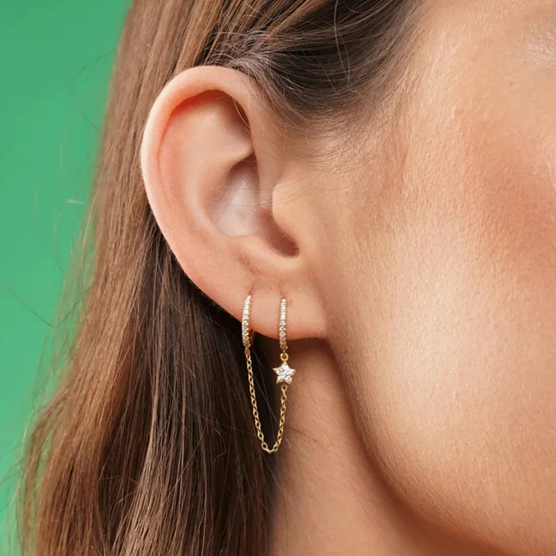 Vintage Stainless Steel Crystal Star Chain Hoop Earrings Trendy Punk