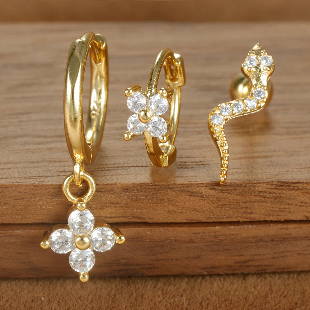 3PCS Four Flower Zircon Little Hoop Earring Star Cartilage Piercing