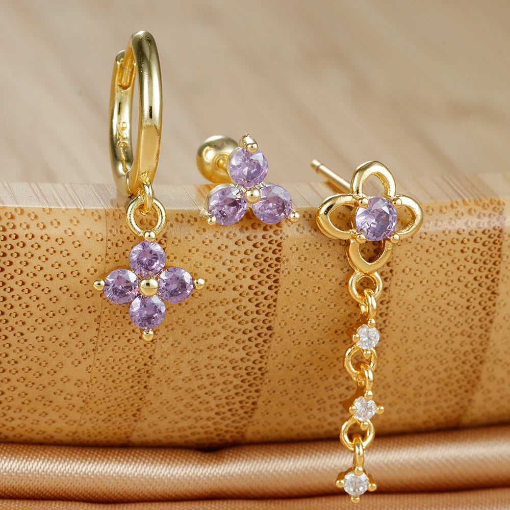 3PCS Green Zircon Flower Hoop Earrings Set Stainless Steel Luxury