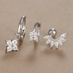 3PCS Vintage Design Four Flower Zircon Hoop Earrings Set Steel