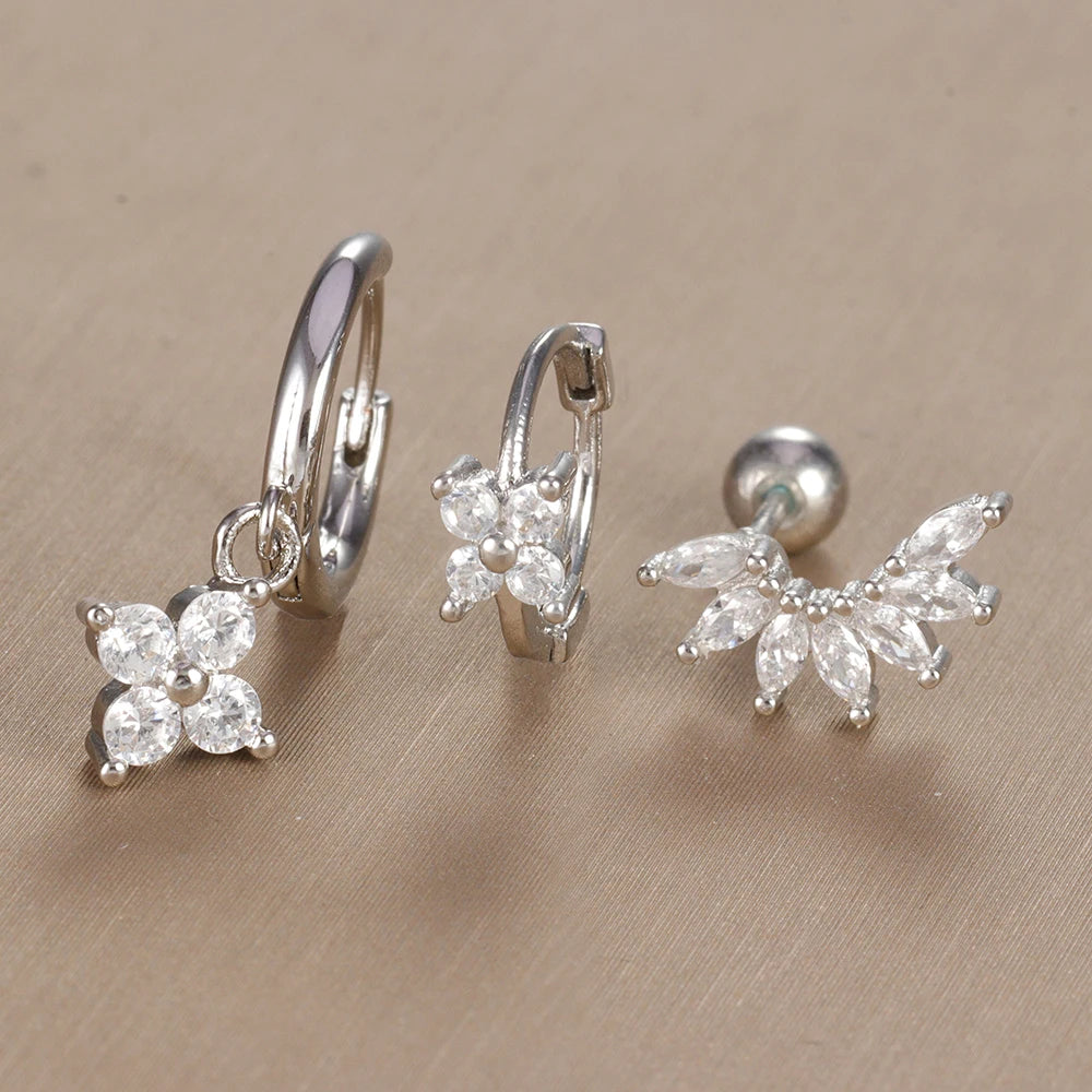 3PCS Vintage Design Four Flower Zircon Hoop Earrings Set Steel