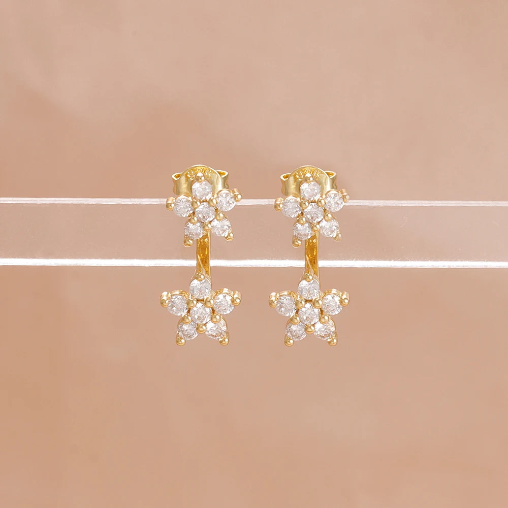 French Design Double Flower Dangle Earrings Stainless Steel Crystal