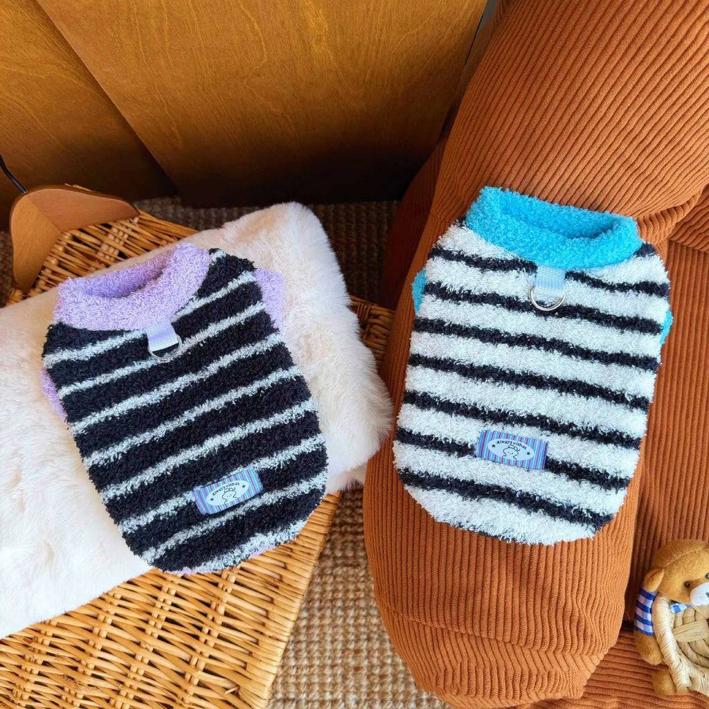 Striped Plush Pet Vest Warm Fleece Dog Cat Sweater Sleeveless Puppy Outfit