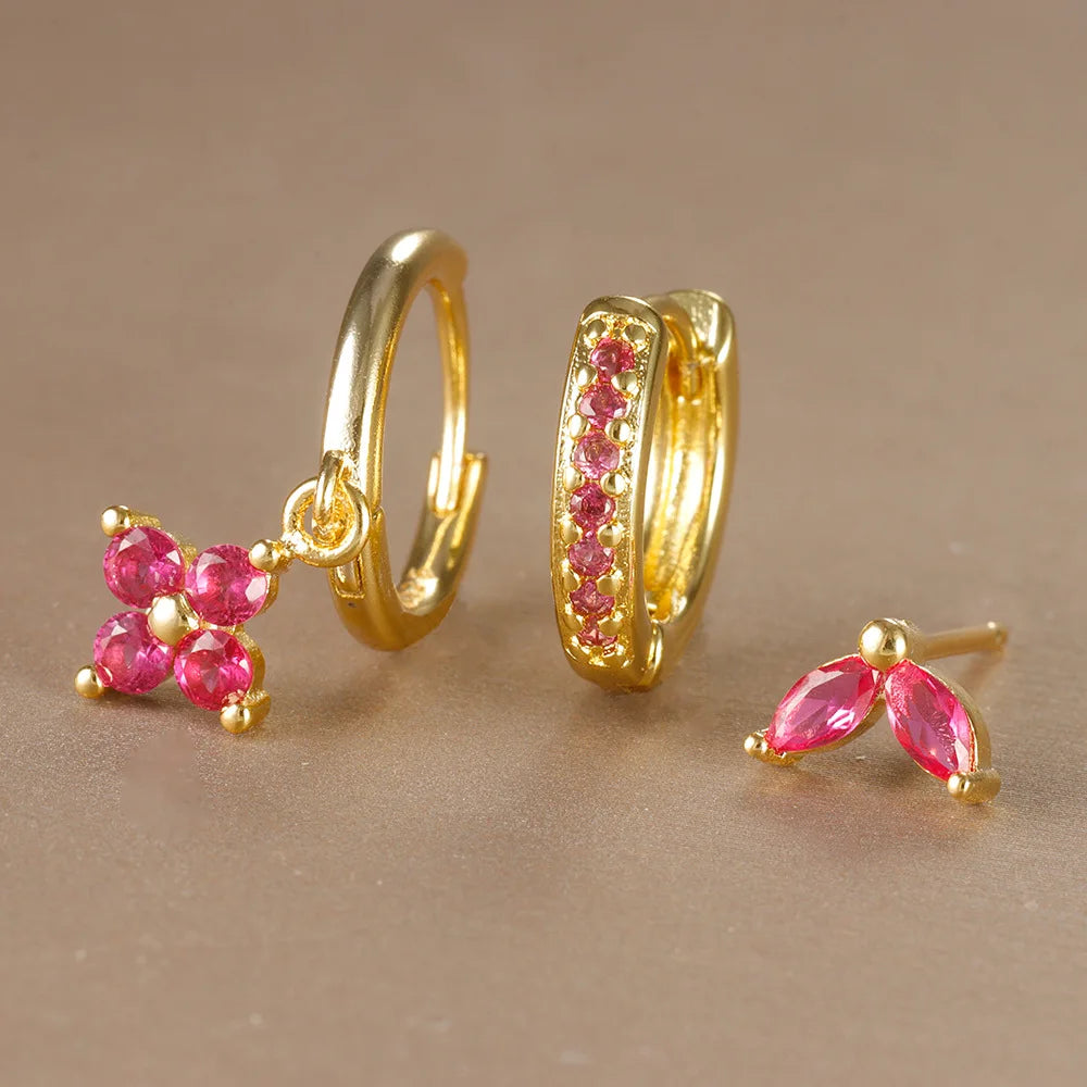 3PCS Trendy Stainless Steel Flower Drop Earring Set Zirconia Dangle