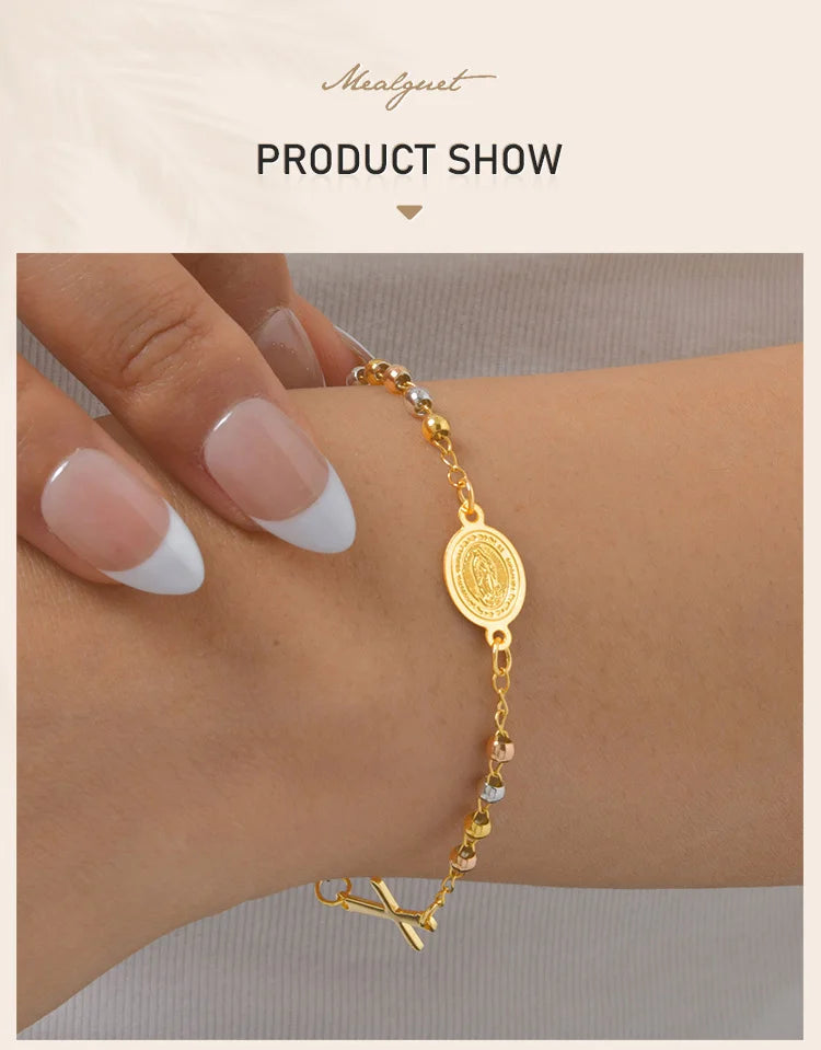 Stainless Steel Virgin Mary St Benedict Cross Bracelet, Bead Chain Bracelet Women Religious Jewelry