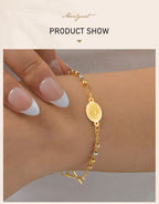 Stainless Steel Virgin Mary St Benedict Cross Bracelet, Bead Chain Bracelet Women Religious Jewelry