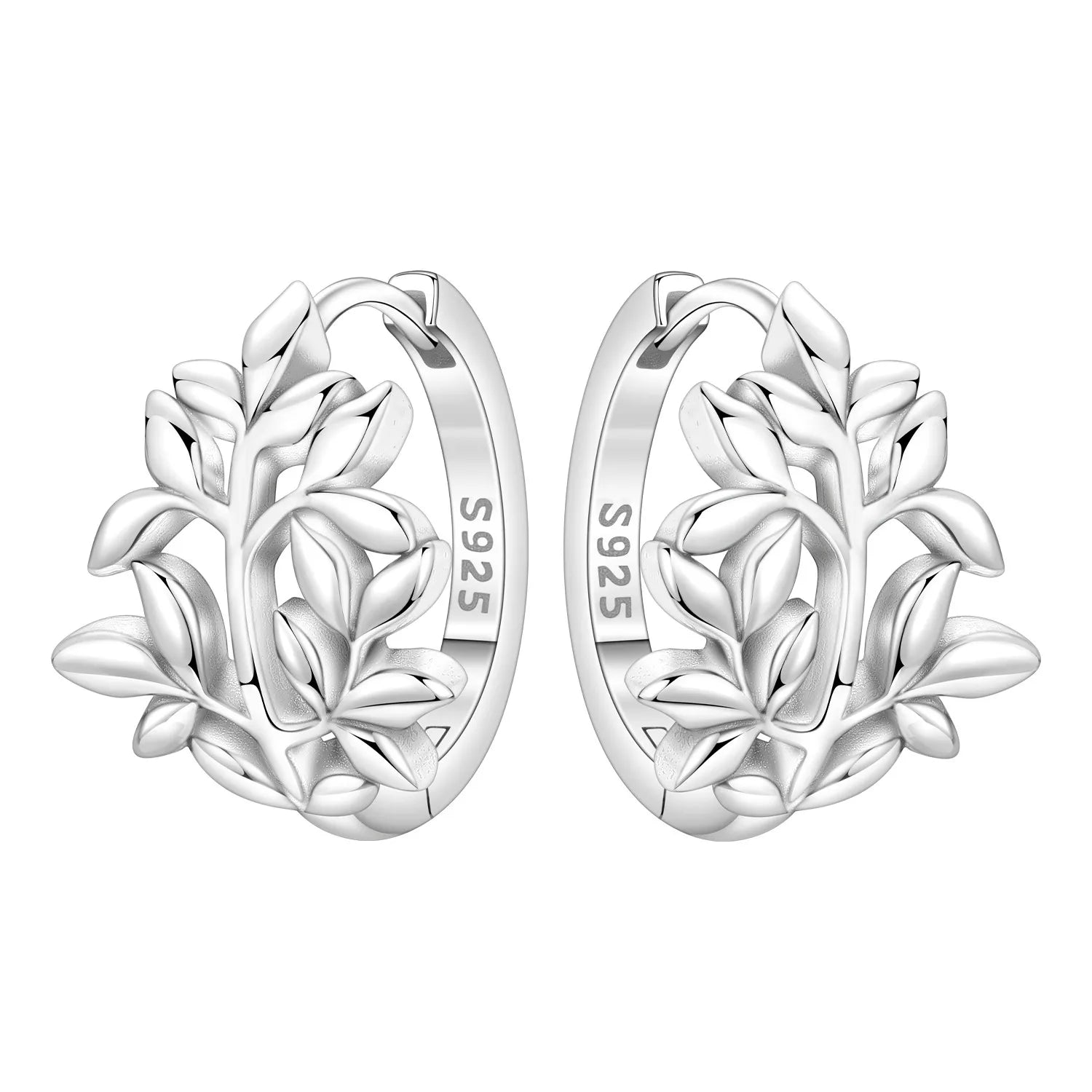 925 Sterling Silver Curled Grass Pattern Flower Hoop Earrings Women's Jewellery