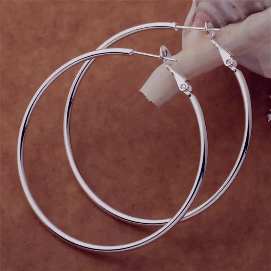 925 Sterling Silver Big Hoop Earrings Women 50/60/70/80mm Wedding Jewellery