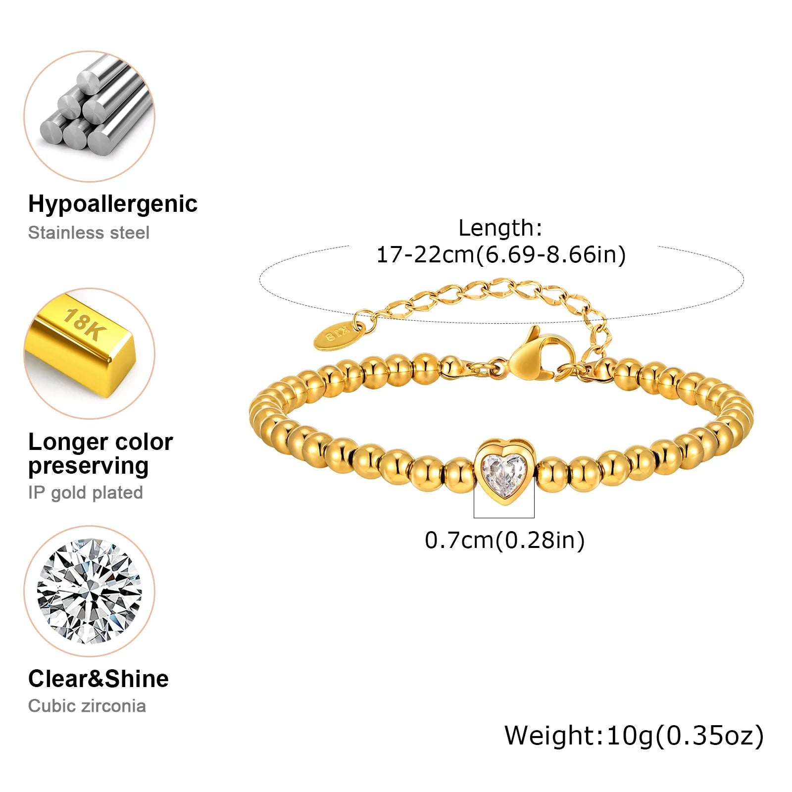 Zirconia Heart Bracelet for Women, Beaded Strand Link Bangle Gold Plated, Stainless Steel Adjustable Bracelets
