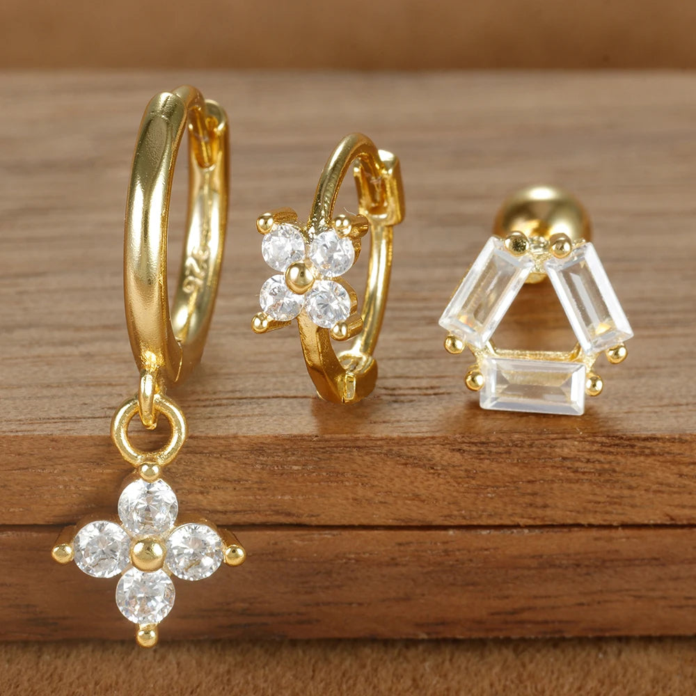 3PCS Four Flower Zircon Little Hoop Earring Star Cartilage Piercing