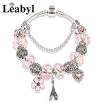 Romantic Pink Heart Charm Bracelet Fine Crystal DIY Bead Bangle Gift