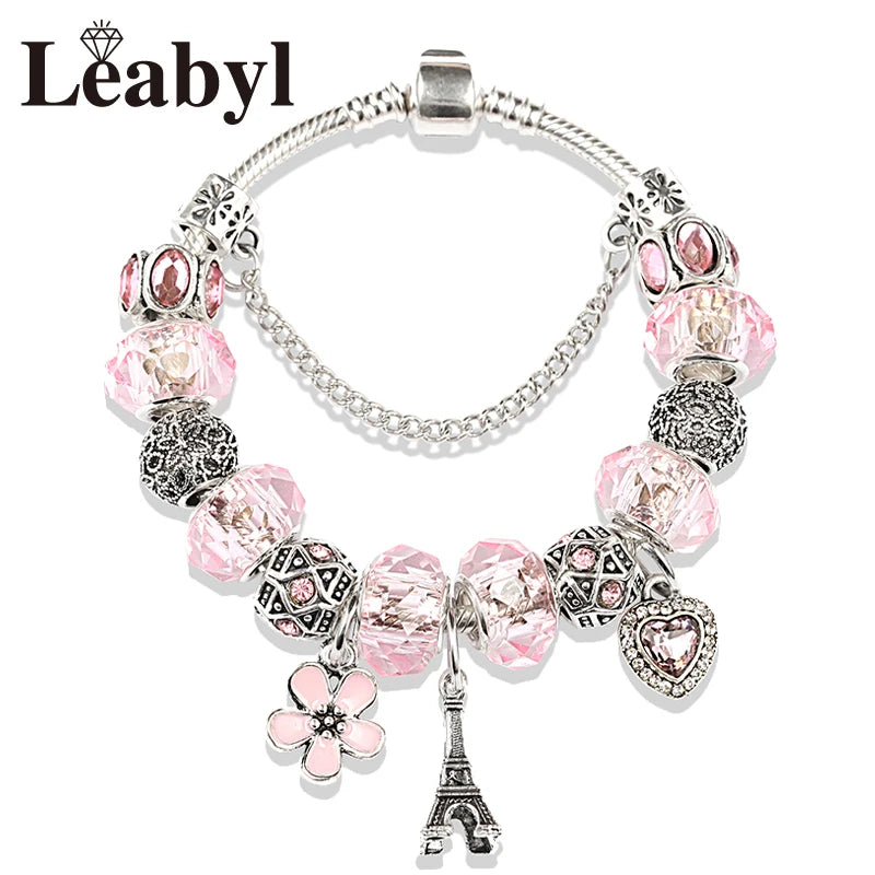 Romantic Pink Heart Charm Bracelet Fine Crystal DIY Bead Bangle Gift