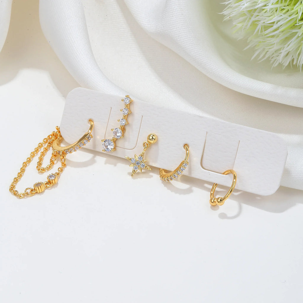 2PCS Gold Colour Crystal Zirconia Chain Hoop Earrings Small Pendant