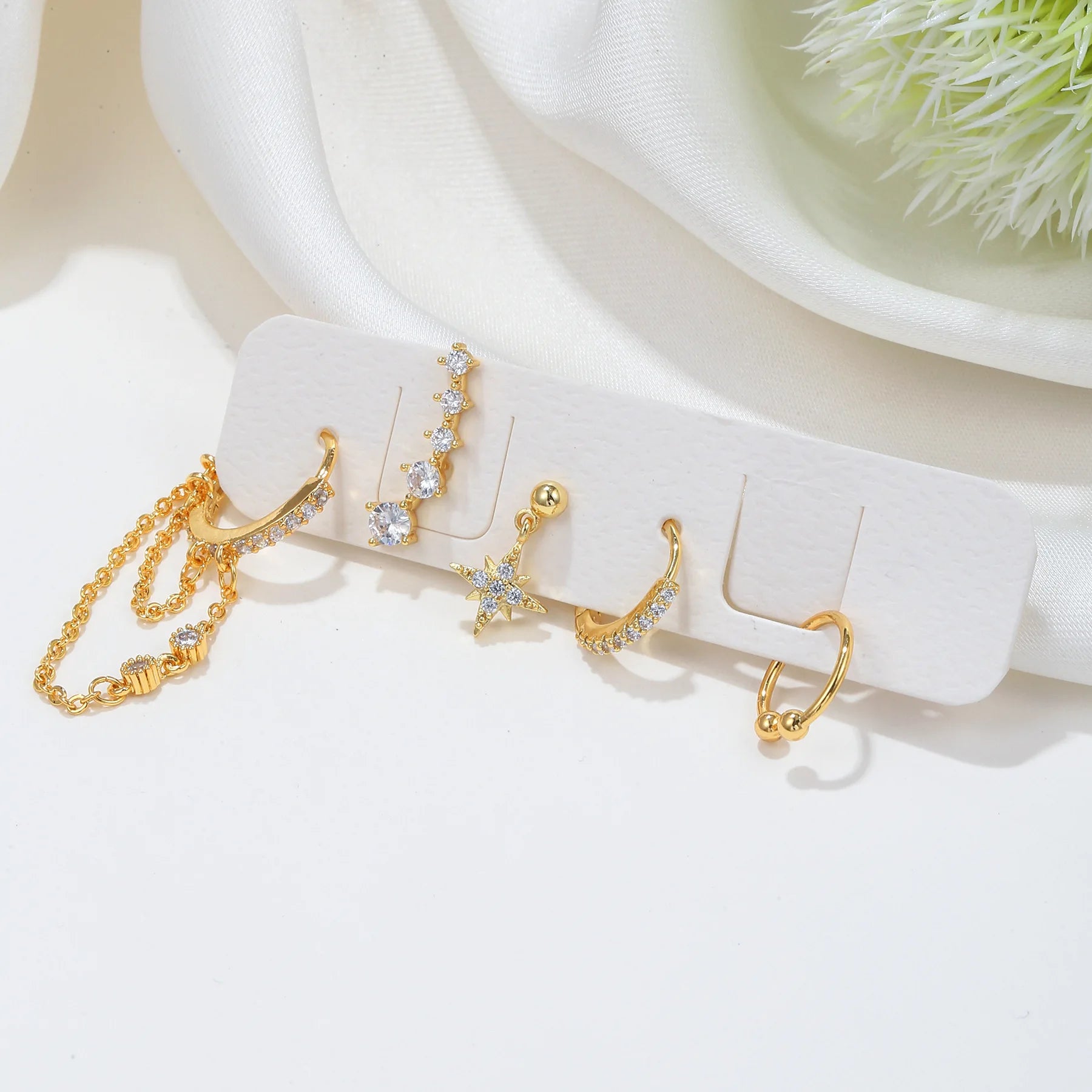 2PCS Gold Colour Crystal Zirconia Chain Hoop Earrings Small Pendant