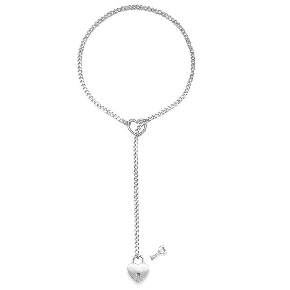 Womens Heart O-Ring Slip Chain Necklace Punk Rock Stainless Steel Cuban Long Necklace Jewelry Adjustable Lariat Y-Necklace Key