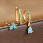 3PCS Water Drop Huggie Hoop Earrings Three-petal Flower Studs