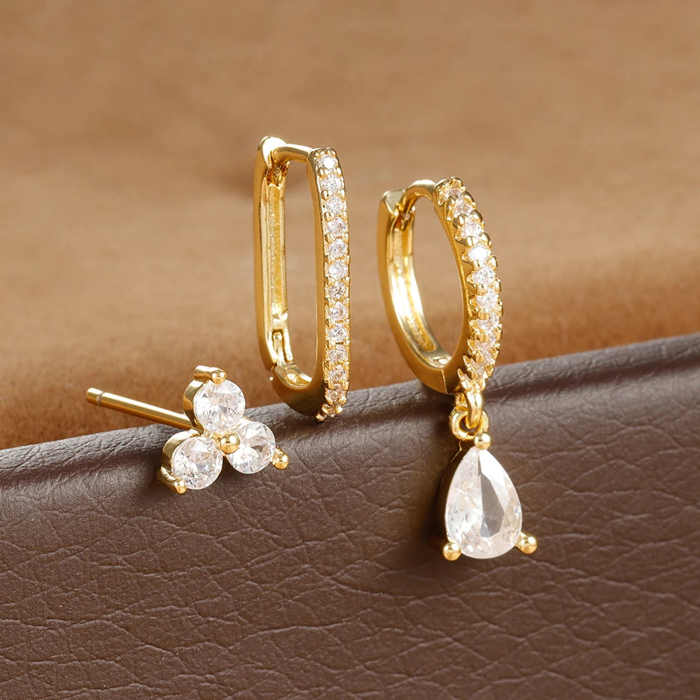 3PCS Water Drop Huggie Hoop Earrings Three-petal Flower Studs