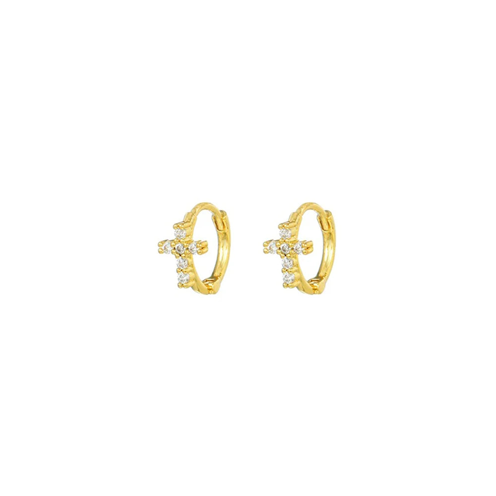 New Stainless Steel Zircon Star Cross Hoop Earring Gold y2k Crown