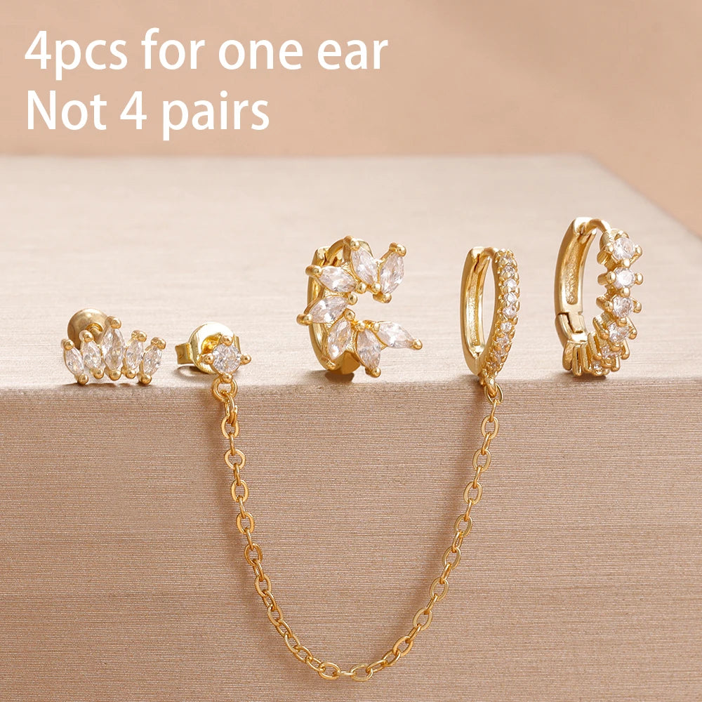 4PCS Star Moon Stainless Steel Zircon Stud Earrings 14K Gold Plated