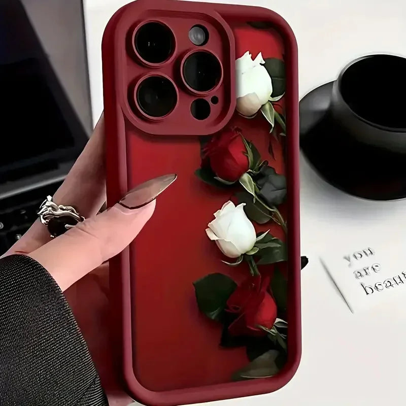 Wine Red & White Rose Case for iPhone 16 15 14 13 12 11 Pro Max XR 7 8 Plus