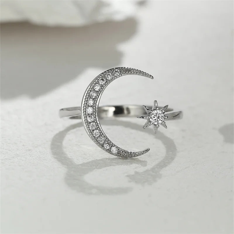 Minimalist Female Stacking Boho Star Moon Rings For Women Silver Rose Gold Color White Crystal Open Size Ring Wedding Bands Gift
