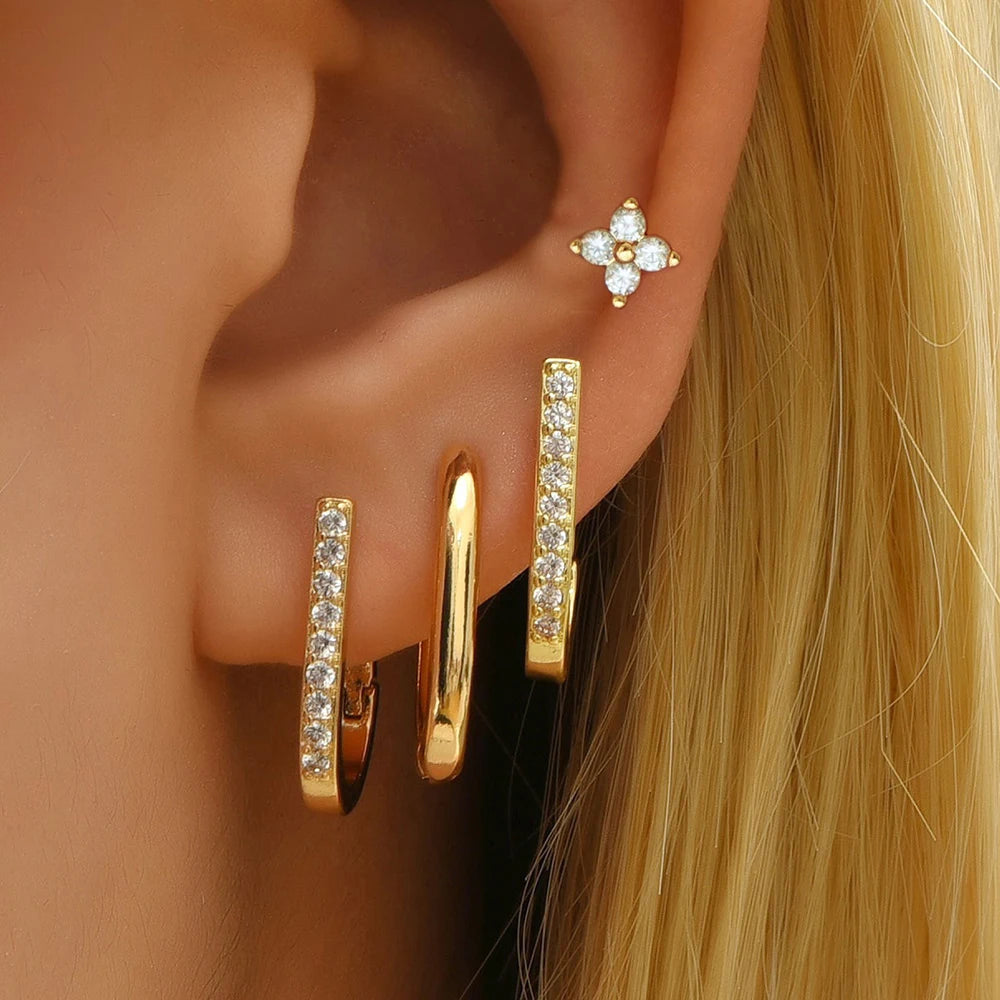 4PCS Simple Zircon U-Shape Hoop Earrings Set Stainless Steel Flower