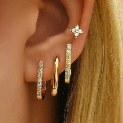 4PCS Simple Zircon U-Shape Hoop Earrings Set Stainless Steel Flower