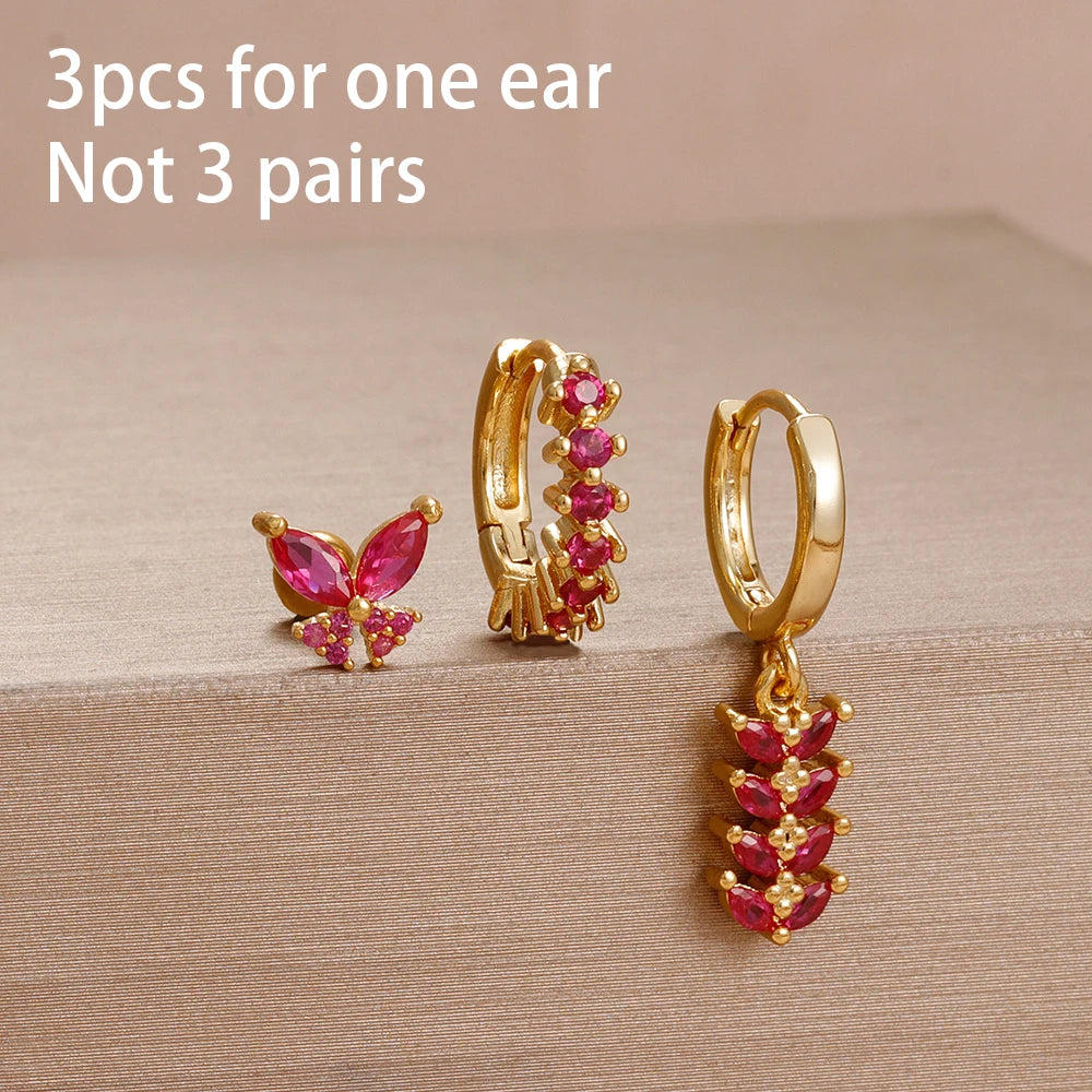 3PCS Unique Stainless Steel Earrings Set Rose Red Crystal Zircon