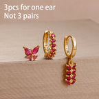 3PCS Unique Stainless Steel Earrings Set Rose Red Crystal Zircon