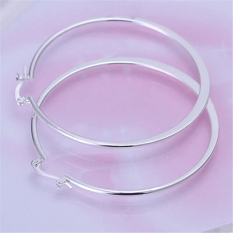 925 Sterling Silver 55mm Flat Circle Hoop Earrings Women Fashion Party Gift