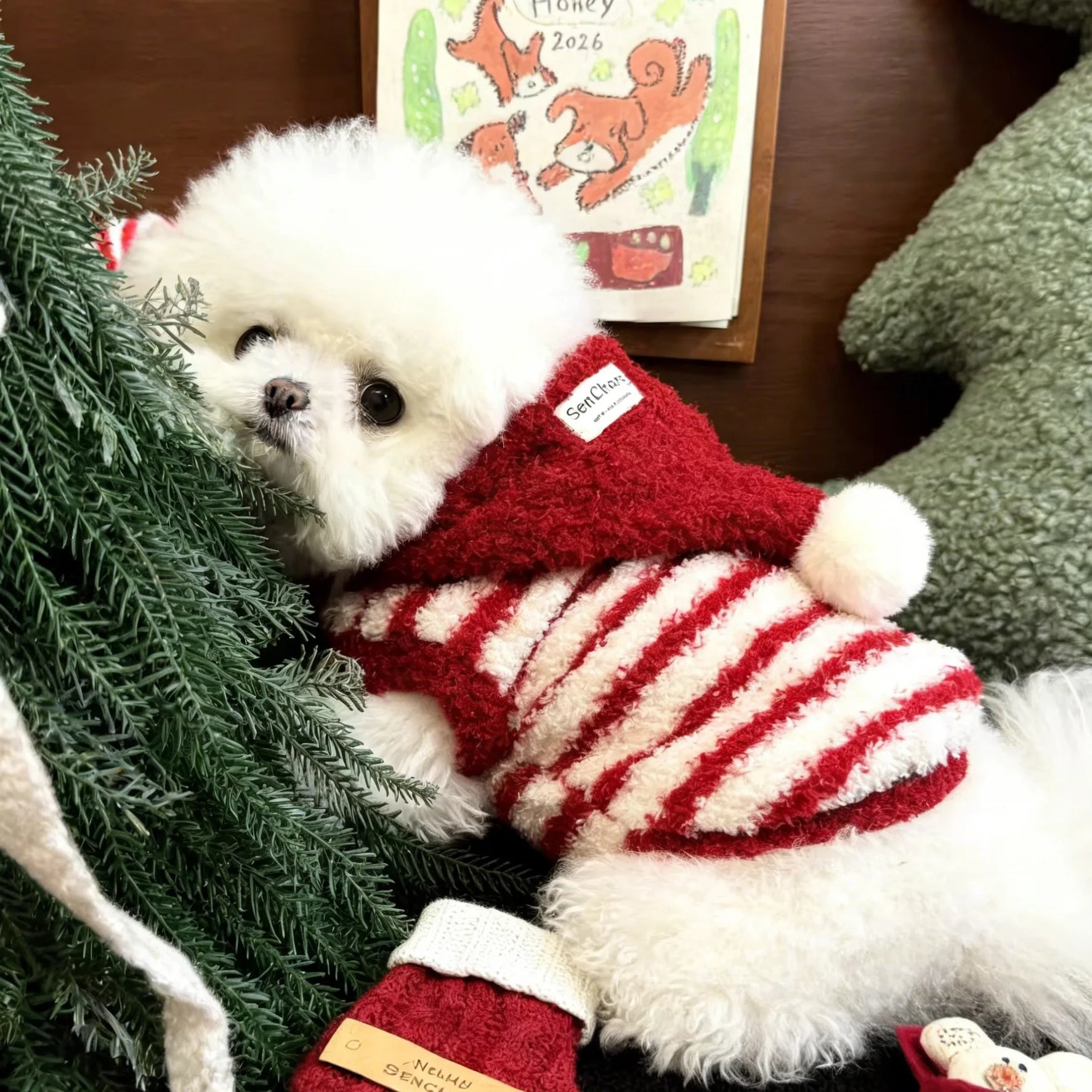 Pompom & Stripe Pet Hoodie, Red Plush Dog Cat Vest with Cute Hood, Soft Warm Fleece Jacket for Small Medium Puppy Kitten