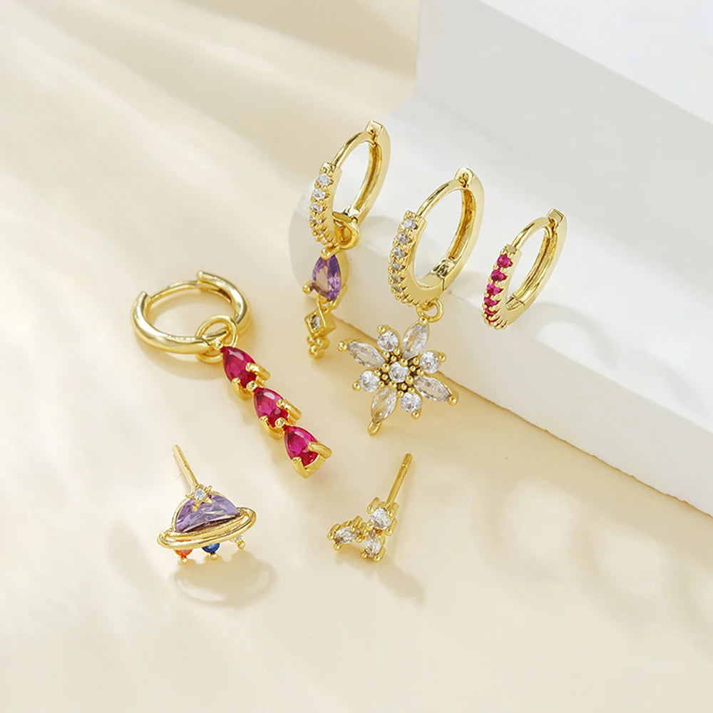 Luxury Geometric Multicolor Zircon Crystal Water Drop Pendant Earrings