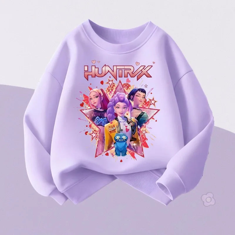 K-pop Girls Long Sleeve Pullover Cartoon Print Casual O-Neck Hoodie