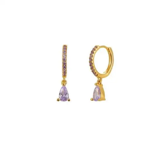 2PCS Stainless Steel Zirconia Small Hoop Earrings Water Drop Pendant