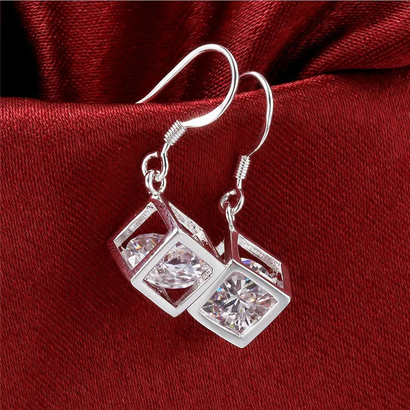 925 Sterling Silver 30mm Square Zircon Earrings Women Charm Wedding Jewellery