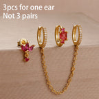 3PCS Unique Stainless Steel Earrings Set Rose Red Crystal Zircon