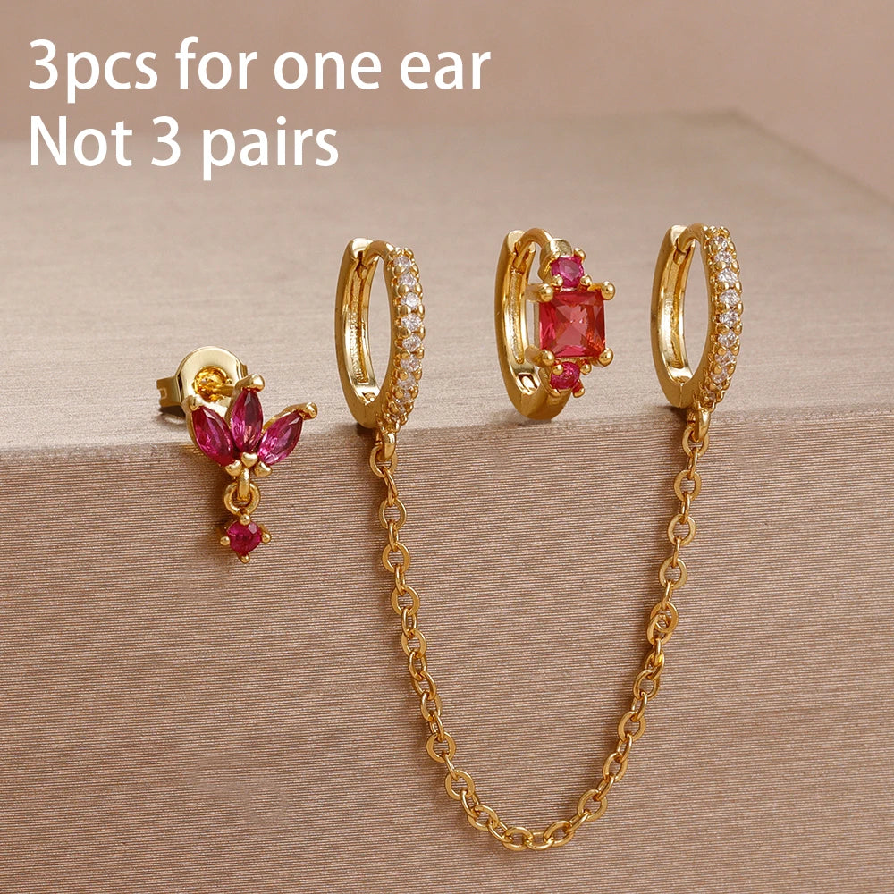 3PCS Unique Stainless Steel Earrings Set Rose Red Crystal Zircon