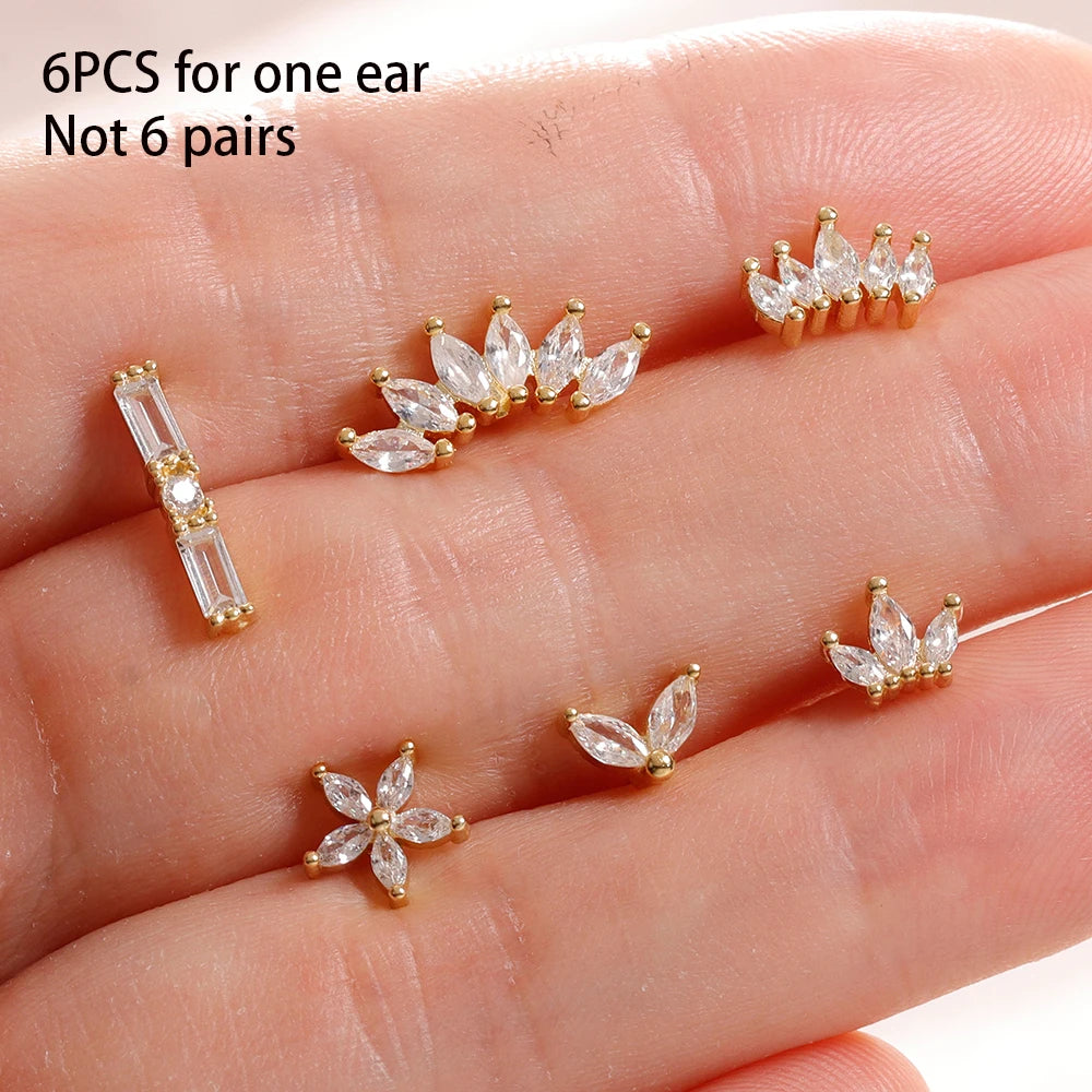 6 Pieces Flower Crown Stainless Steel Zircon Small Stud Earrings