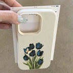 Blue Black Tulip Butterfly Lychee Case for iPhone 17 16 15 14 Pro
