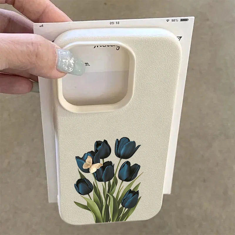 Blue Black Tulip Butterfly Lychee Case for iPhone 17 16 15 14 Pro