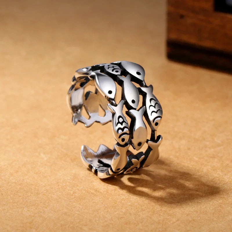 925 Sterling Silver Three Layers Fish Adjustable Ring Engagement Wedding Vintage Accessory