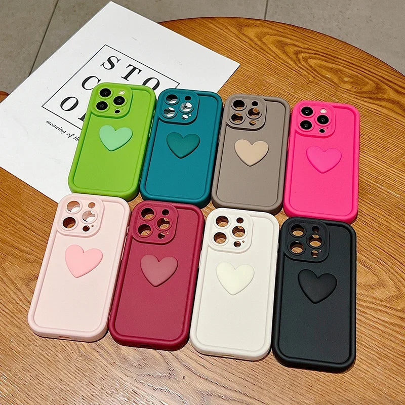 3D Love Heart Pink Matte Case for iPhone 17 16 15 14 13 12 11 Pro Max Plus
