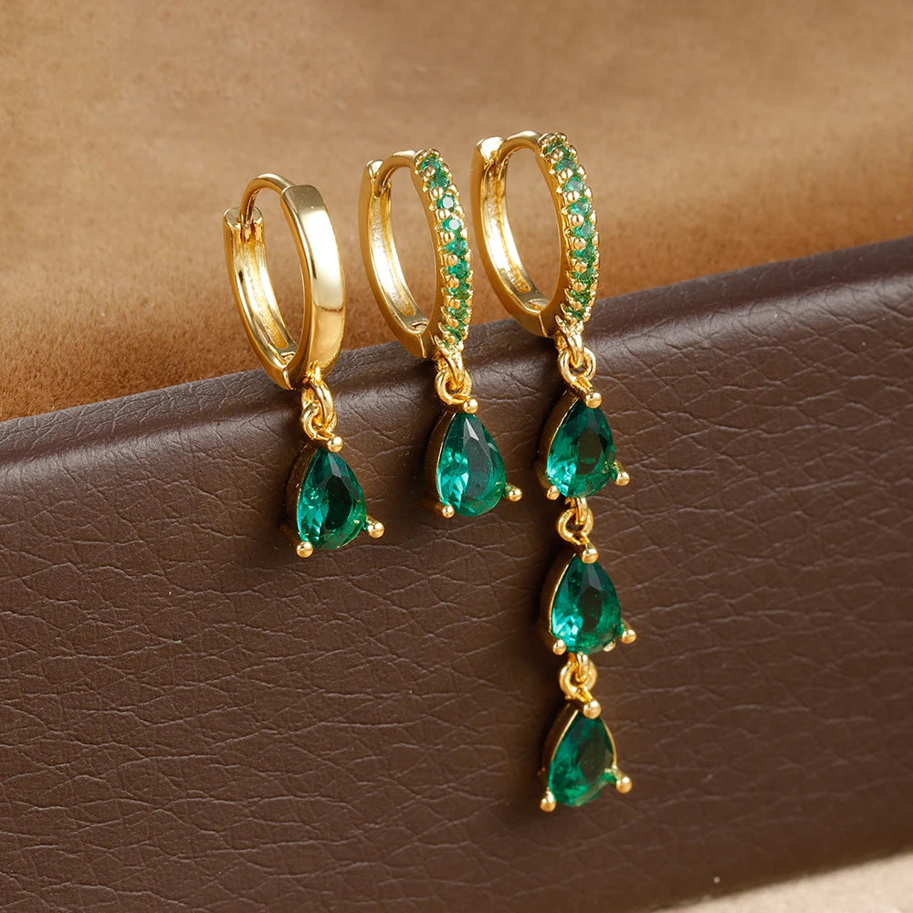 3PCS Stainless Steel Water Drop Hoop Earrings 18K Gold Plated Zirconia