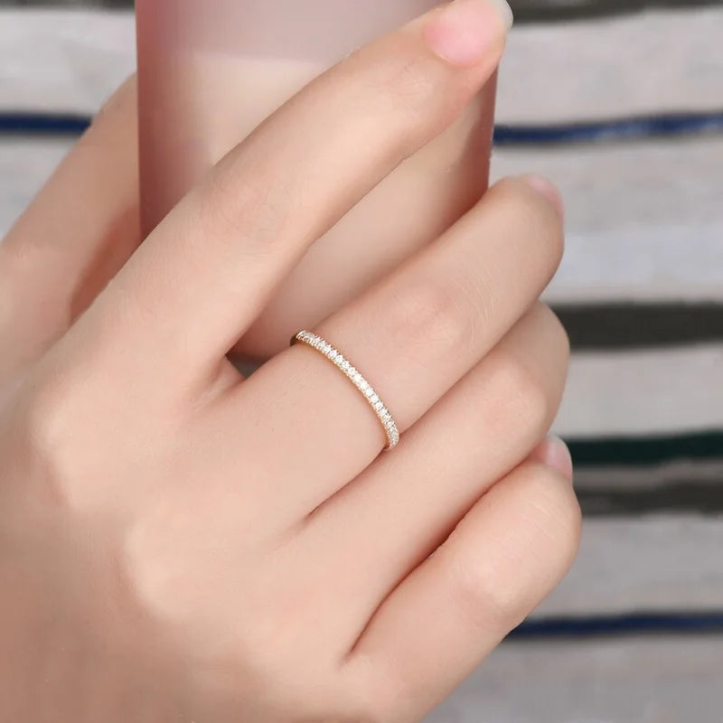 Trendy Half Eternity Moissanite Wedding Band for Women 925 Sterling Silver Straight Rings 1.3mm 1.6mm 1.8mm 2.0mm Matching Ring