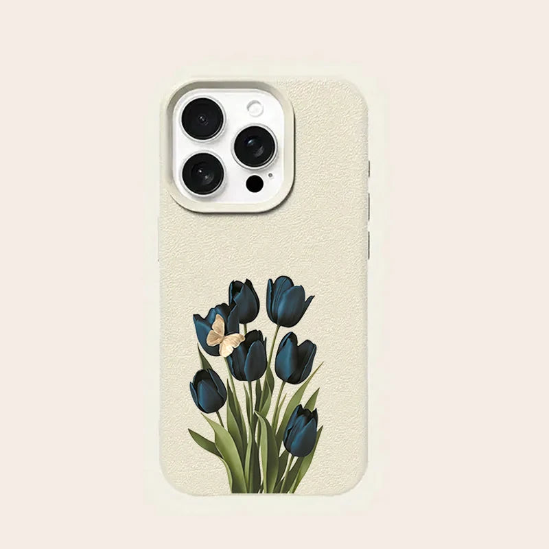 Blue Black Tulip Butterfly Lychee Case for iPhone 17 16 15 14 Pro