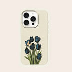 Blue Black Tulip Butterfly Lychee Case for iPhone 17 16 15 14 Pro